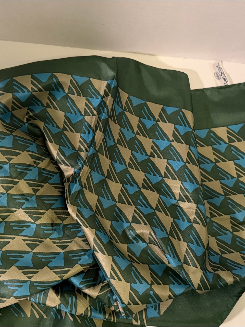 1970s Totes Rain Scarf Water Repellent Green and Teal Geometric Scarf - Picture 2 of 7
